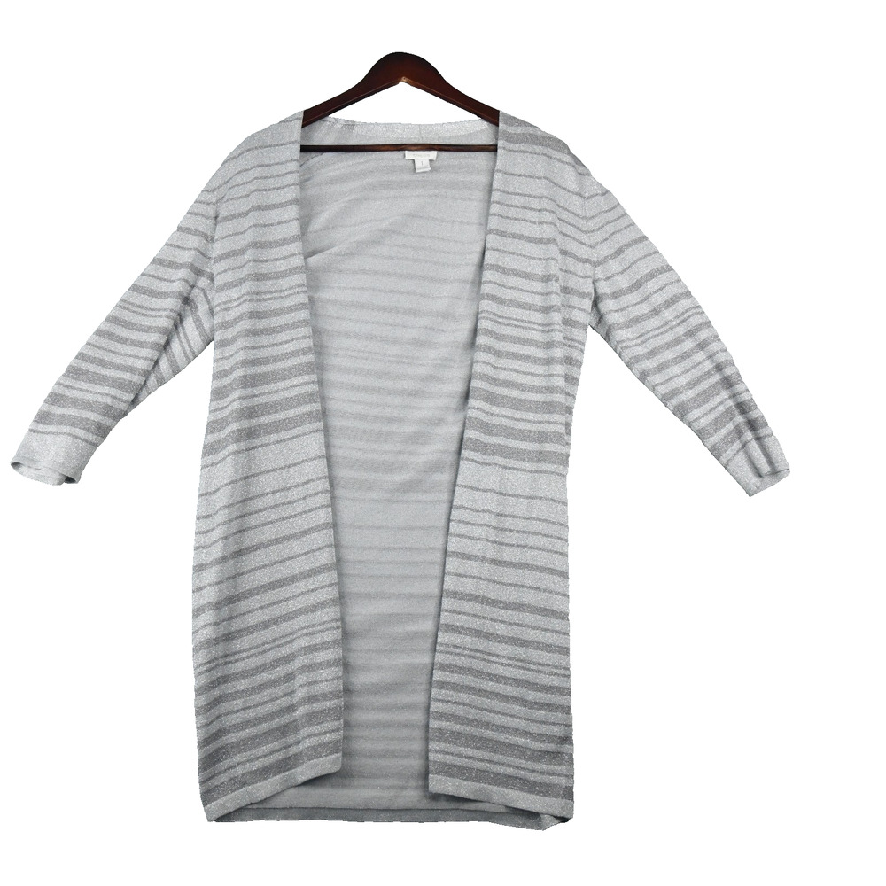 Chicos Striped Open Cardigan Sweater Size 1 (8) Gray Silver Metallic